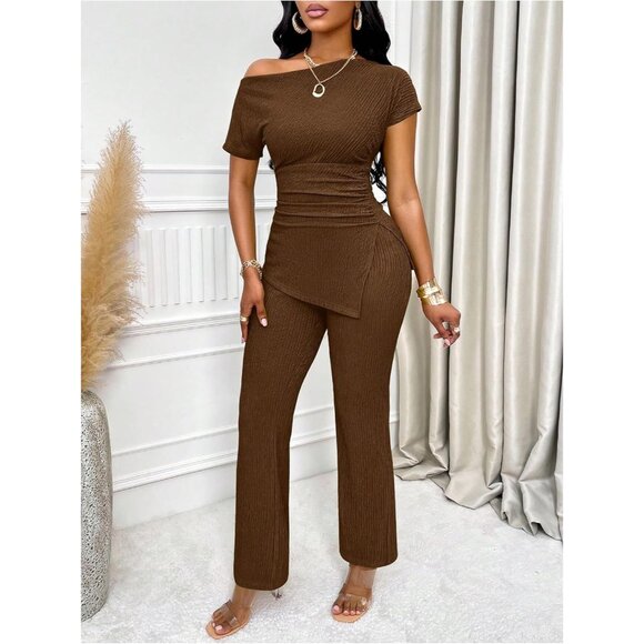 Women's 2 Piece Outfit Polyester Large Ruched Neck Short Sleeve Pants Set - Picture 5 of 5